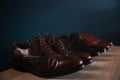 Men Footwear Fashion. Variety of MaleÃ¢â¬â¢s Shoes on Shelf in House. Formal Leather Shoes Royalty Free Stock Photo